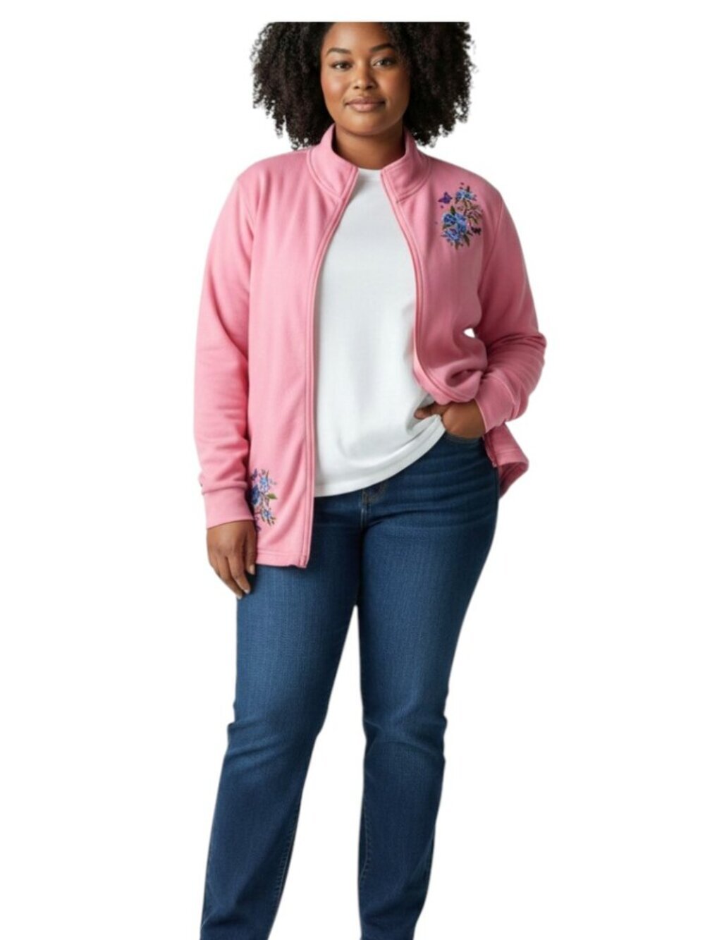 Vintage 90s Womens Cottagecore Jacket Pink Embroidered Floral Full Zip Plus 2X
